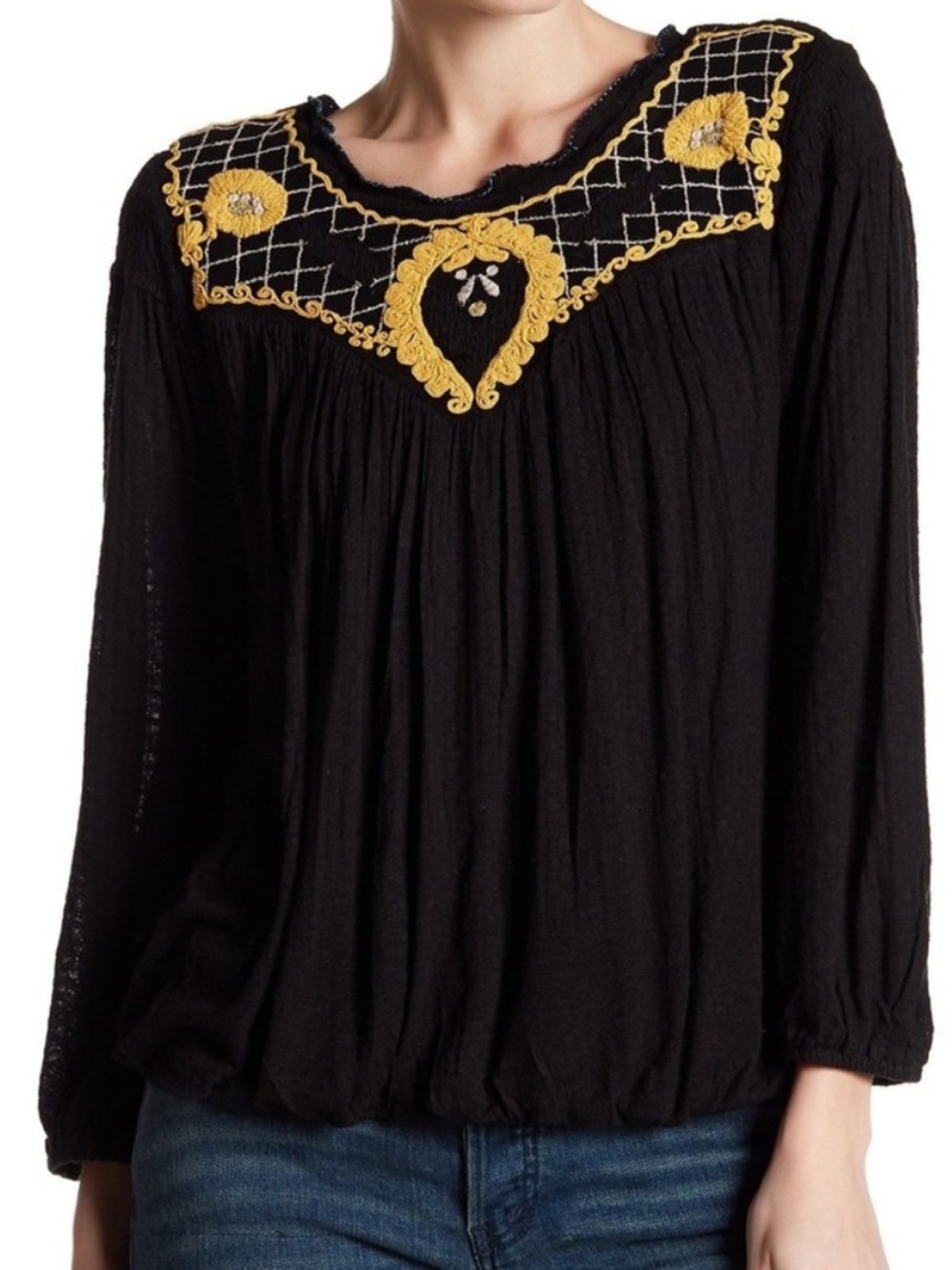Free People Black Begonia Peasant Top with Yellow Embroidery